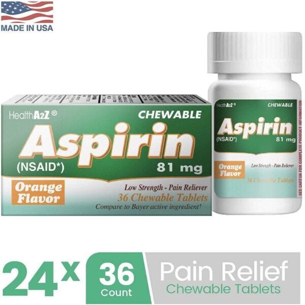 HealthA2Z Aspirin 81mg NSAID, Compare to Bayer Active Ingredient, 24 Packs of 36 Chewable Tablets