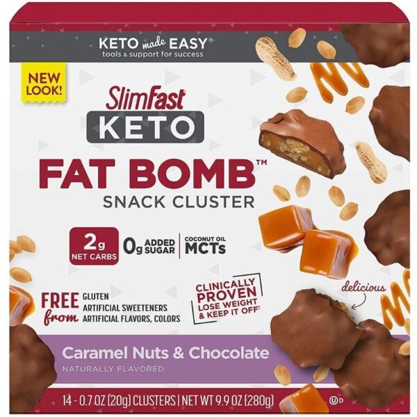 SlimFast Keto Fat Bomb Snacks - Chocolate Caramel Nut Clusters - 20g - 14 Count Box - Pantry Friendly