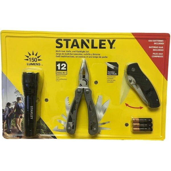 Stanley 12 in 1 Multi Tool Folding Pocket Knife 150 Lumens LED Light Set STHT 81502, Black - Image 2