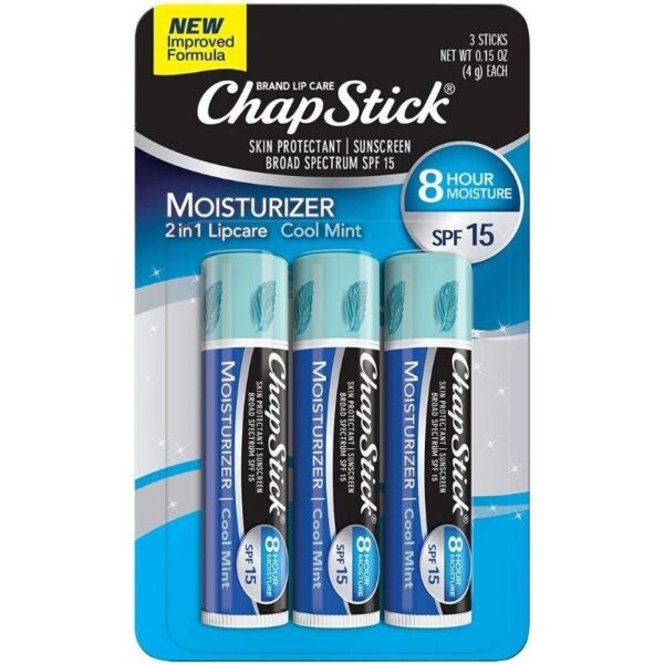 ChapStick Moisturizer (Cool Mint Flavor, 0.15 Ounce, 3 Sticks) Lip Balm Tube, Skin Protectant, Lip Care, SPF 15